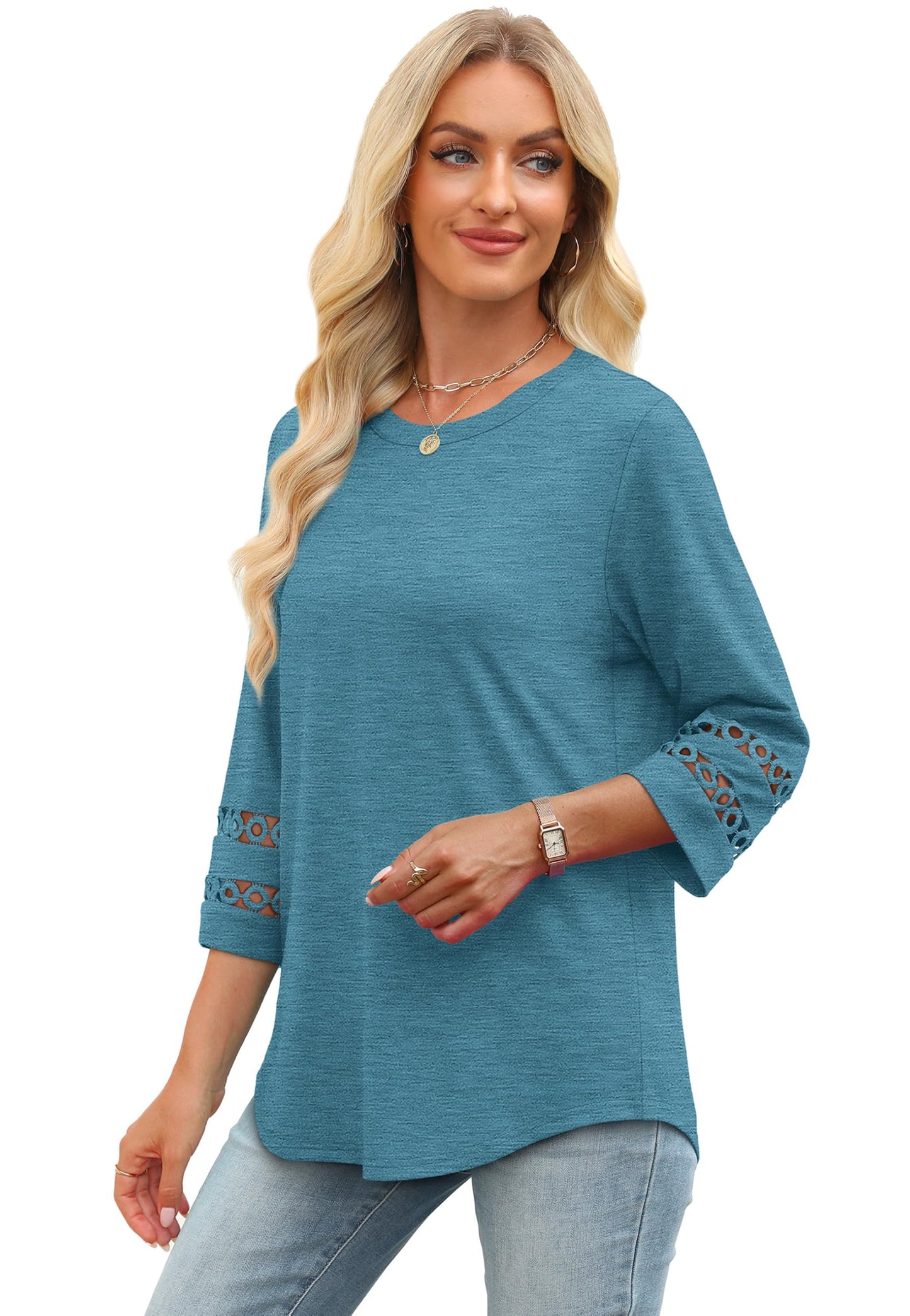 Oversized Tshirts for Women 3/4 Sleeve Blouses for Women Dressy Casual Work Shirts Fashing Clothes Turquoise 3XL