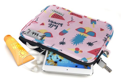 Vaultz Locking Pool Pouch - Water-Resistant Combination Locking Pouch w/Tether for Cash, Pool, Beach, Bank, or Travel - 7.5 x 9 Inches, Medium, Hello Summer