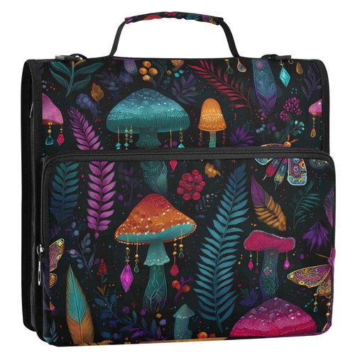 zyrtty 3 D-Ring Zipper Binder Bag, Witch Mushroom Black Background Pattern Removable Binder with Zipper Case Hold 300+ Sheets& 13 Inch Laptop for School Office Supplies Organizer