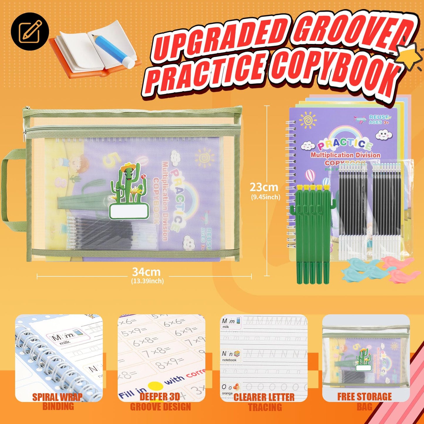 Reusable Magic Copybook for Kids, Large Grooved Handwriting Practice with Pens 5 Large copybooks (7.3x10.3in), Magic Ink Fades Automatically for Reuse, Includes Cactus pens & Bag, Great for Ages 3-8