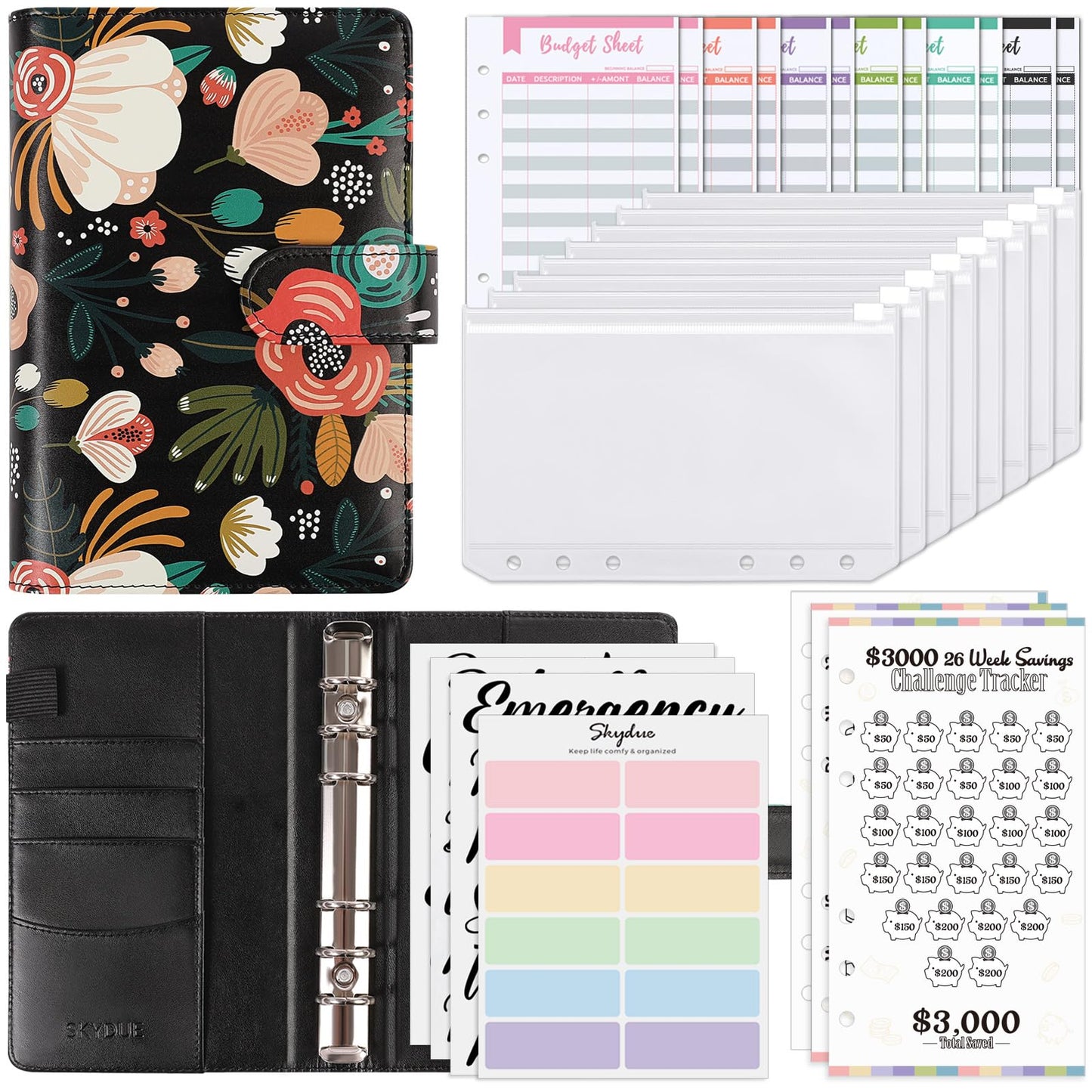 SKYDUE Budget Binder with 8Pcs Cash Envelopes, 12Pcs Expense Budget Sheets, 2Pcs Challenge Trackers, and Category Labels - Budget Binder & Challenges Book Combo for Saving Money