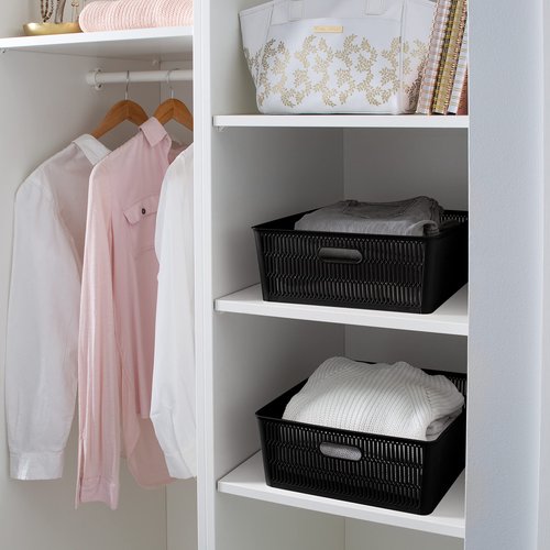 Simplify 4Pk Shallow Slide 2 Stack It Tote Basket | Storage & Organization | Open Bins with Stackable Capability | Bathroom | Crafts | Pantry | Playroom | Office | Black