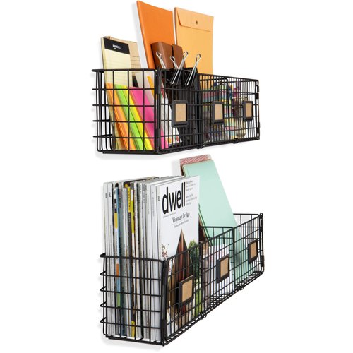 Wall35 Amalfi Hanging File Folders Office Desk Organizer Wall Mount Wire Basket Storage Magazine Holder 3 Sectional Set of 2 Black