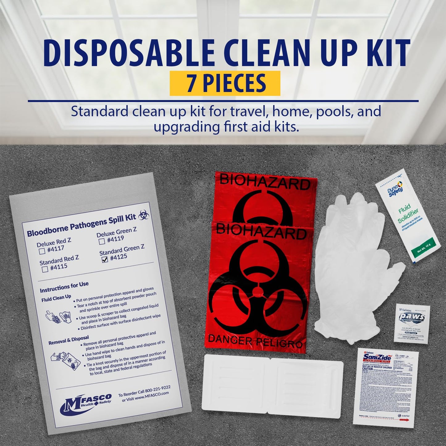 MFASCO Bloodborne Pathogens Spill Kit - Cleaning Bag, Disposable Vomit Clean Up Kit for Restaurants, Safety for Bodily Fluids, Blood, Latex Free, First Aid, Non-Chlorinated Fluid Urine Solidifier