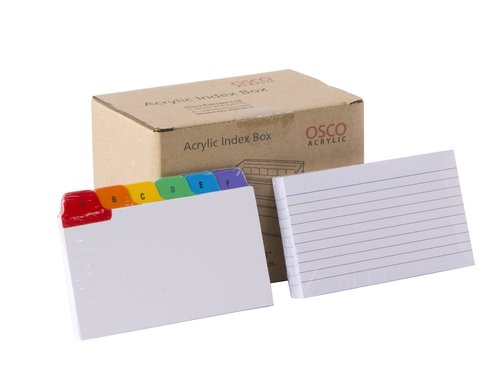 OSCO Clear Acrylic Index Box | Small | A to Z Divider Tabs | 100 Lined Note Sheets Included (5" X 3") | Ruled Revision Flash Cards | Recipe Notes | Contacts Filing | Fits 127 x 76 mm
