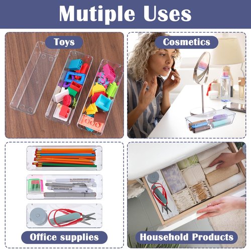 MAQUITA 12 Pcs Vanity Drawer Organizer 9 x 3 x 2 Inches Clear Plastic Utensil Organizers Kitchen Drawers Dividers for Office Desk Silverware Kitchen Utensils Cosmetics and Bathrooms(Clear)