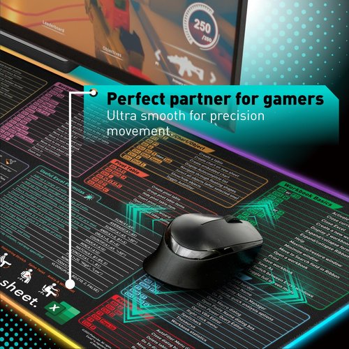 Excel Shortcut Keys LED Mouse Pad - Colorful RGB Luminous Extended Large Cheat Sheet Gaming Mousepad| PC Office Spreadsheet Keyboard Mat| Non-Slip Stitched Edge