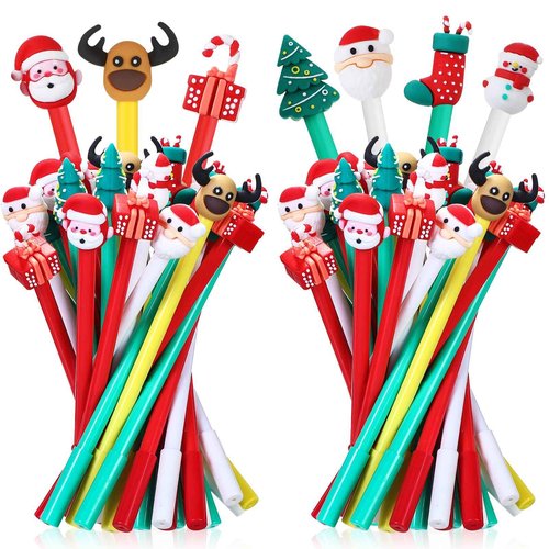 Zonon 100 Pieces Christmas Pens Holiday Novelty Fun Cartoon Characters Stick Black Gel Ink Rollerball Pens for Christmas Xmas Party Favors Goodie Bags Stuffer Gifts Office Supplies, 7 Styles