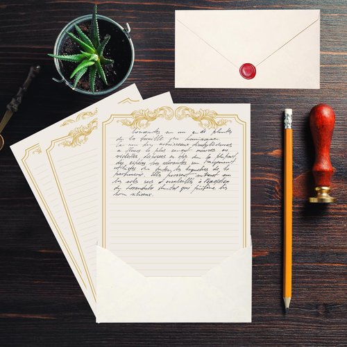 XXINMOH 90 Pieces Stationery Set with Envelopes (60 Vintage-Style Paper Sheets + 30 Envelopes), Gold Border Letter Writing Paper and Envelopes for Love Letter, Party Invitations