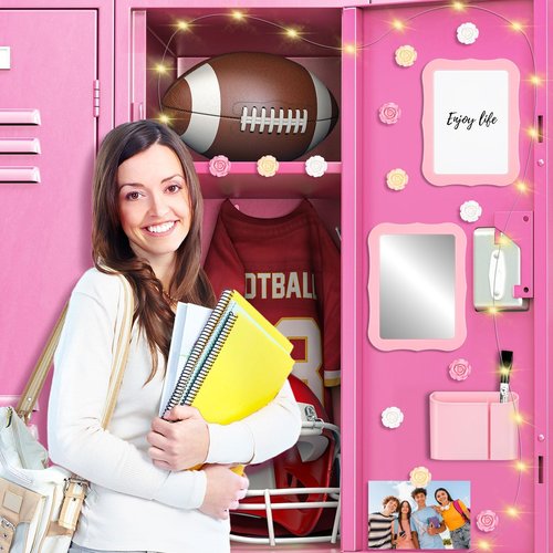 Gosodeny 17 Pcs Locker Accessories Kit, Pink Magnetic Mirror, Magnetic Pen Holder, Whiteboard, Cute Flower Magnet and Organizing Supplies Cute Locker Decor Backing for Girls in Middle School
