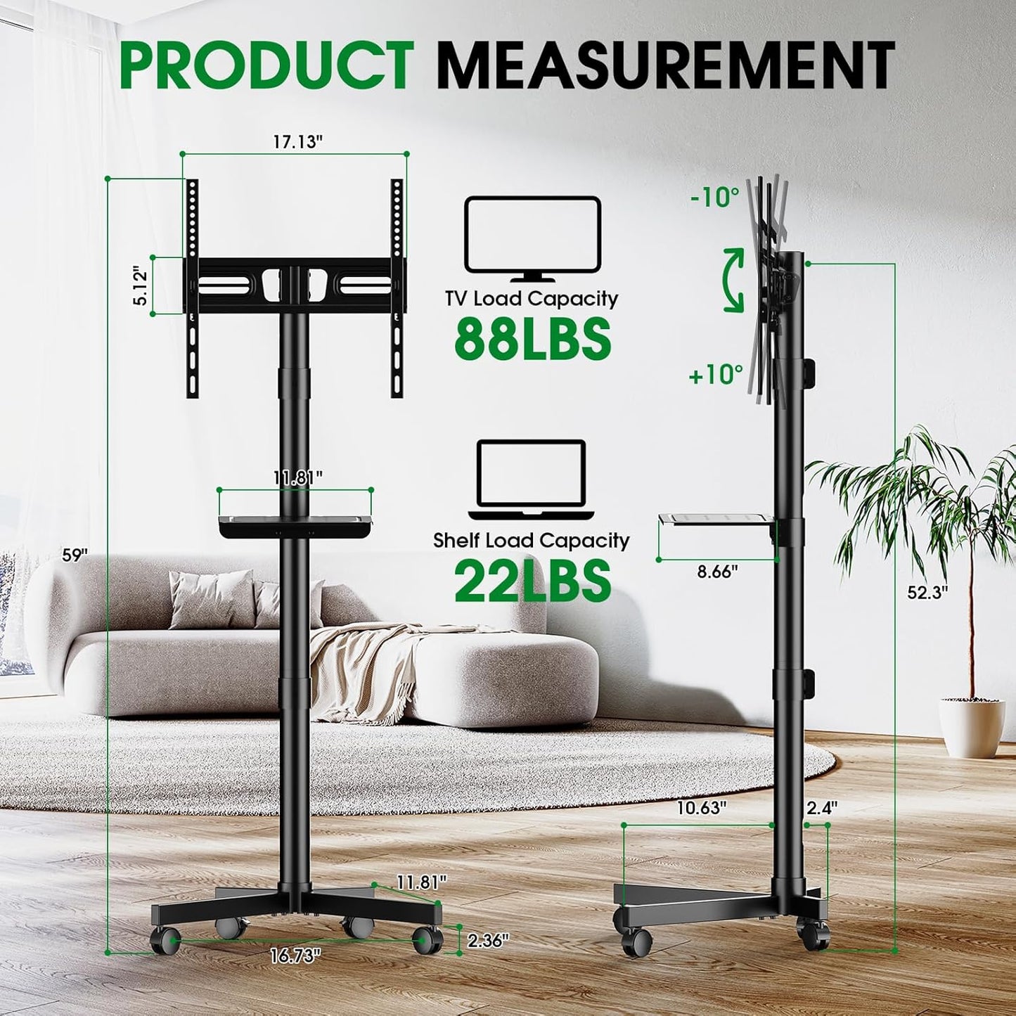 Skiennix Mobile TV Cart - Rolling Stand for 23-60 Inch Screens | Height Adjustable & Portable with Shelf, Black