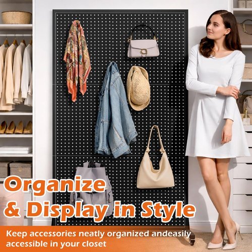 Royxen Metal Pegboard Display Stand - 3.5 x 6 Feet with 50 Hooks & Wheels | Black T-Base for Retail & Home