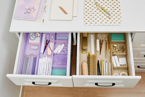 Annova Desk Top Organizer Tray for Office Organization - Metal Mesh - Storage Tray with Dividers for Pens, Desktop Accessories, Bathroom, Kitchen, Makeup and Office Supplies (Large, Gold)