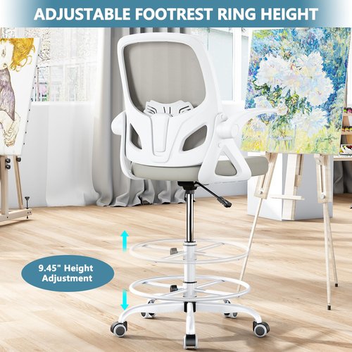 Kensaker Tall Drafting Chair with Footrest Ring for Home and Work, Ergonomic Home Desk Office Chair with Flip up Arms and Lumbar Support, Extended Height Executive Home Desk Office Chair(Gray)