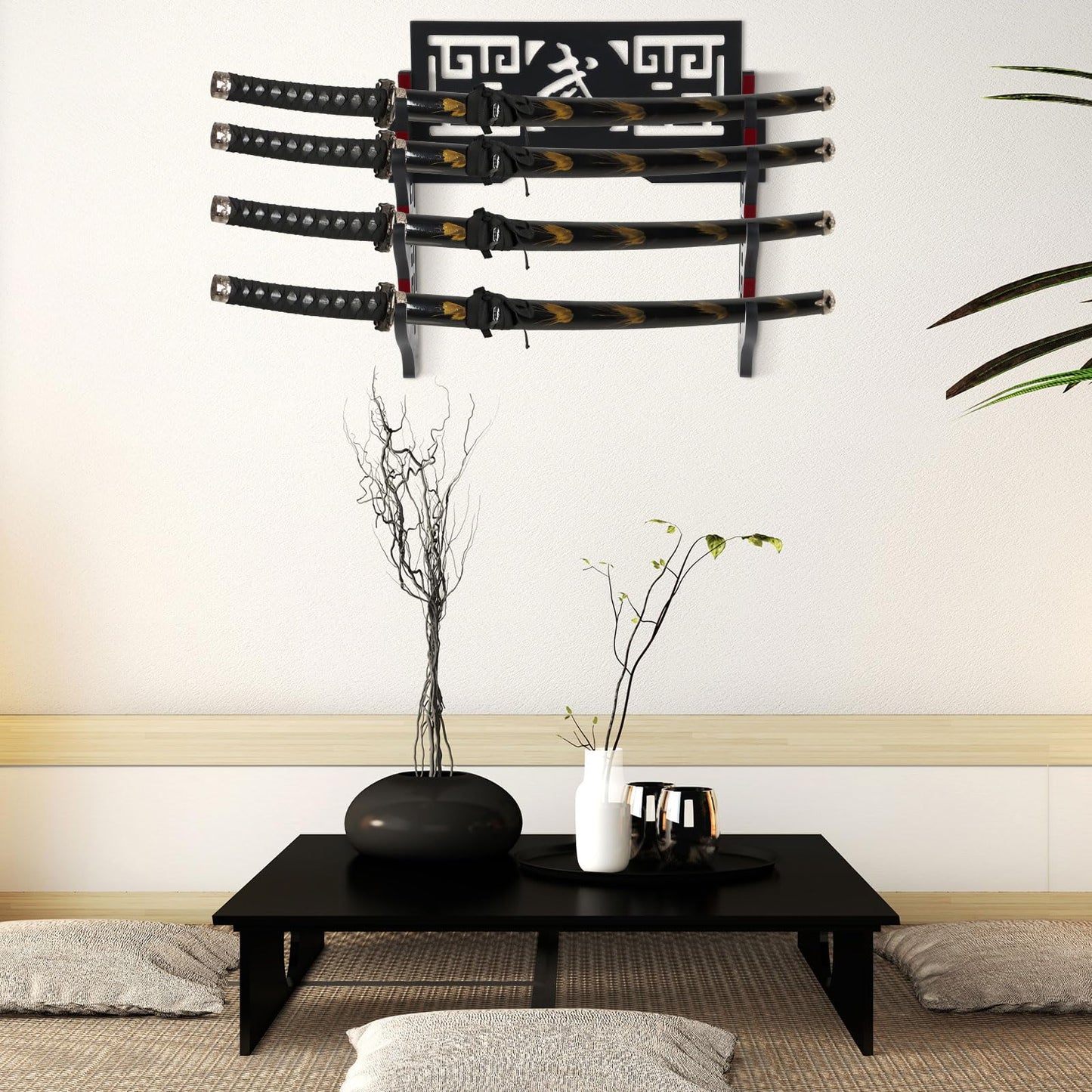 Barydat Katana Holder Sword Stand Wall Mount Samurai Sword Display Katana Rack Hanger Japanese Wakizashi Hobby Collection Gifts for Men(Warrior,Black,4 Tier)