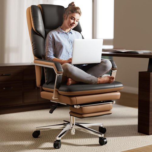 SeekFancy Reclining Office Chair with Footrest, Big and Tall Office Chair 500lbs with Wide Seat and Lumbar Support for Heavy People, High Back, PU Leather, Black