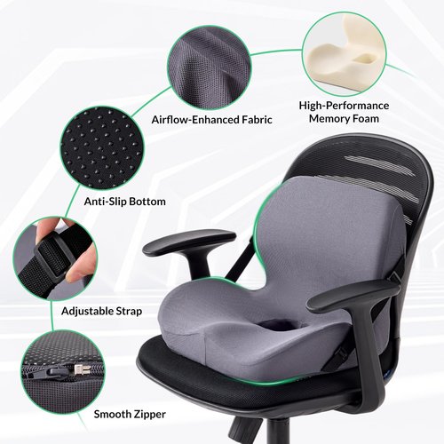 FuturaLoom One-Piece Memory Foam Seat & Back Cushion - Lumbar Support, Adjustable Strap, Non-Slip Bottom - Breathable Removable Cover for Office Chair, Car, Truck (Grey)
