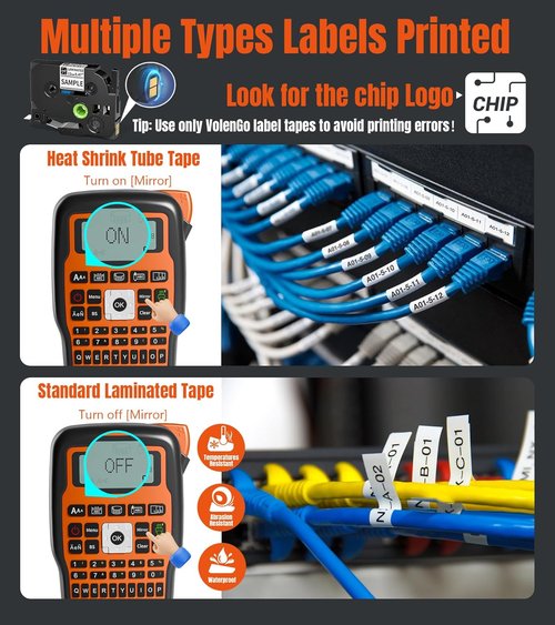 E1000 Label Maker | Waterproof Heat Shrink Labels & Tapes - 0.46'' (12mm) Black on White