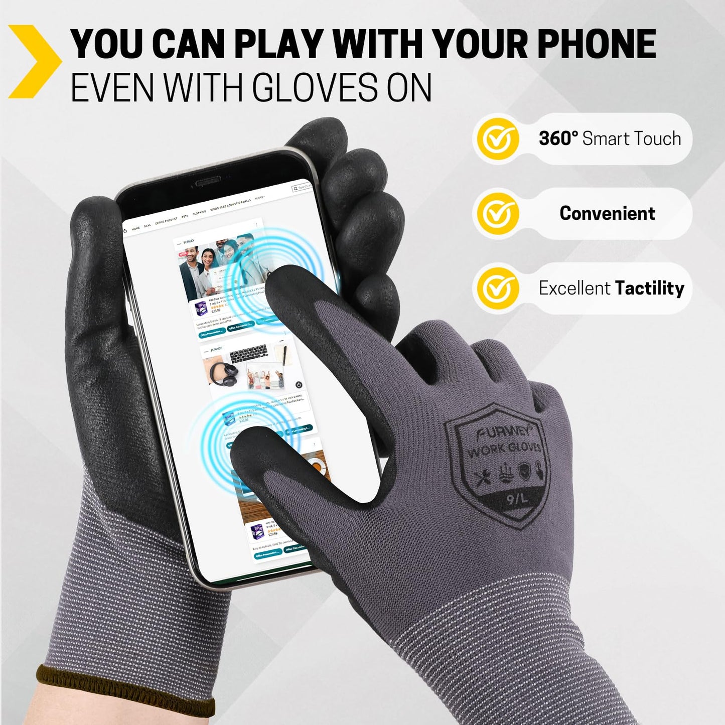 FURWEY Safety Work Gloves,16 Pairs Micro-Foam Nitrile Coated Glove for Men and Women, Touchscreen, Ideal for Warehouse Package Handling，Construction, Gardening, Large