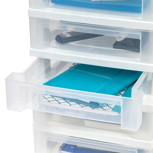 IRIS USA Plastic Drawer Storage Organizer Rolling Cart, with Wheels Casters, 10-Drawers, for Classroom Art Craft Supplies Dresser Closet Bathroom Laundry Room, White/Clear