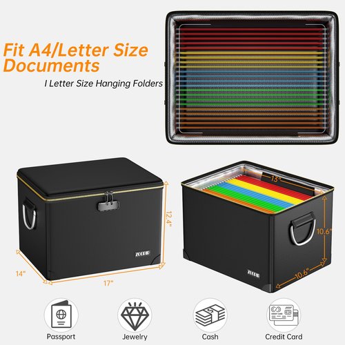 ZOOPIP Fireproof Document Box,Hard Case File Organizer with Fireproof Zipper&Threads,Non-Foldable Filing Cabinet with Lock, Portable Office Safe Box Storage for Hanging Letter Folder,Valuables,Black