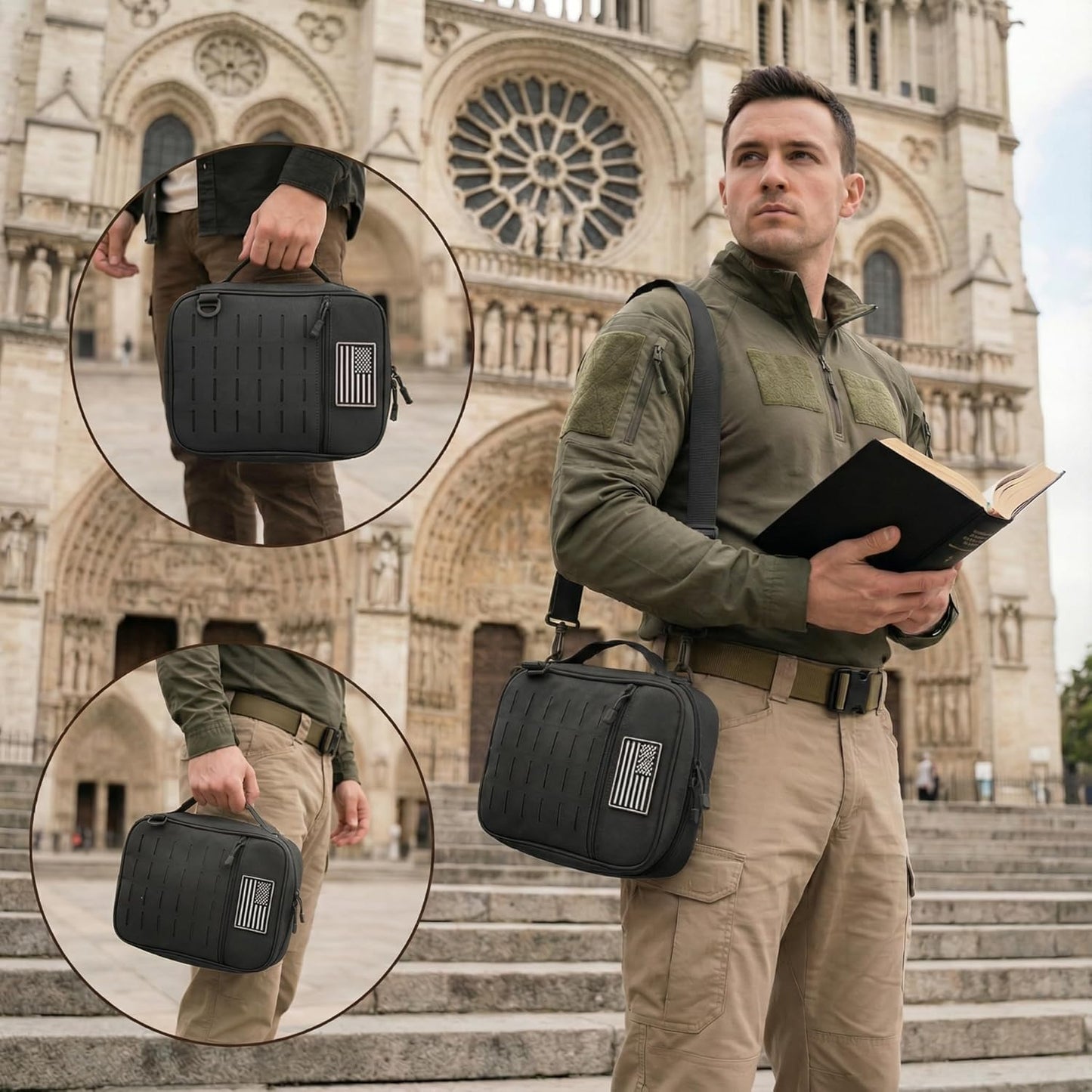 Skiennix Tactical Bible Cover - Large Water Resistant Case with Shoulder Strap & US Flag Patch | Multi-Pocket Design for Church & Travel