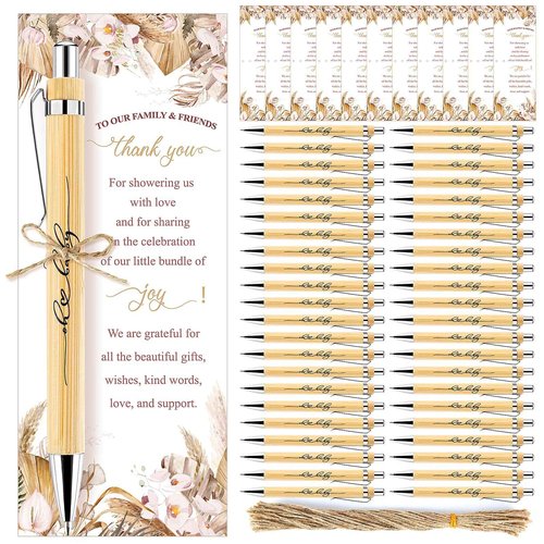 EYNDYN 100 Set Boho Baby Shower Ballpoint Pens Gifts Bulk for Guest Wood Bamboo Pens With Thank You Cards Bohemian Pampas Grass Floral Girl Boys Party Favors Souvenirs Prizes