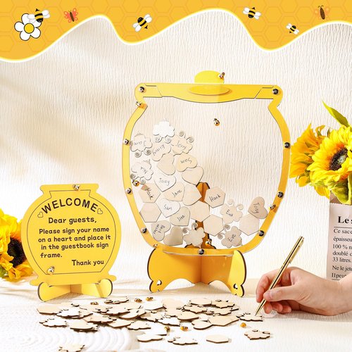 Chunful 83 Pcs Bee Baby Shower Guest Book Alternatives Set Baby Shower Decorations with 1 Wooden Welcome Sign, 60 Wood Slices, 20 Bee Decor and 1 Ballpoint Pen for Birthday Party