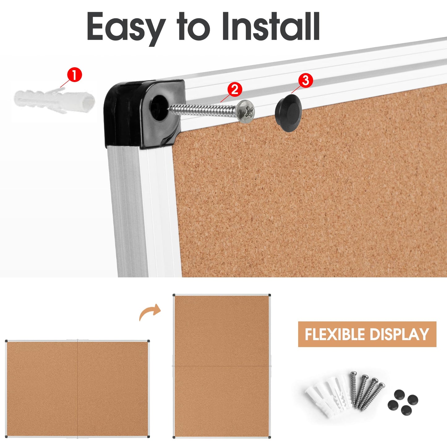 Board2by Extra Large Cork Bulletin Board 60" X 48", Foldable Notice Pin Board for Wall, Silver Aluminum Framed 5'x4' Corkboard, Wall Mounted Noticeboard with 36 Push Pins for School, Home & Office