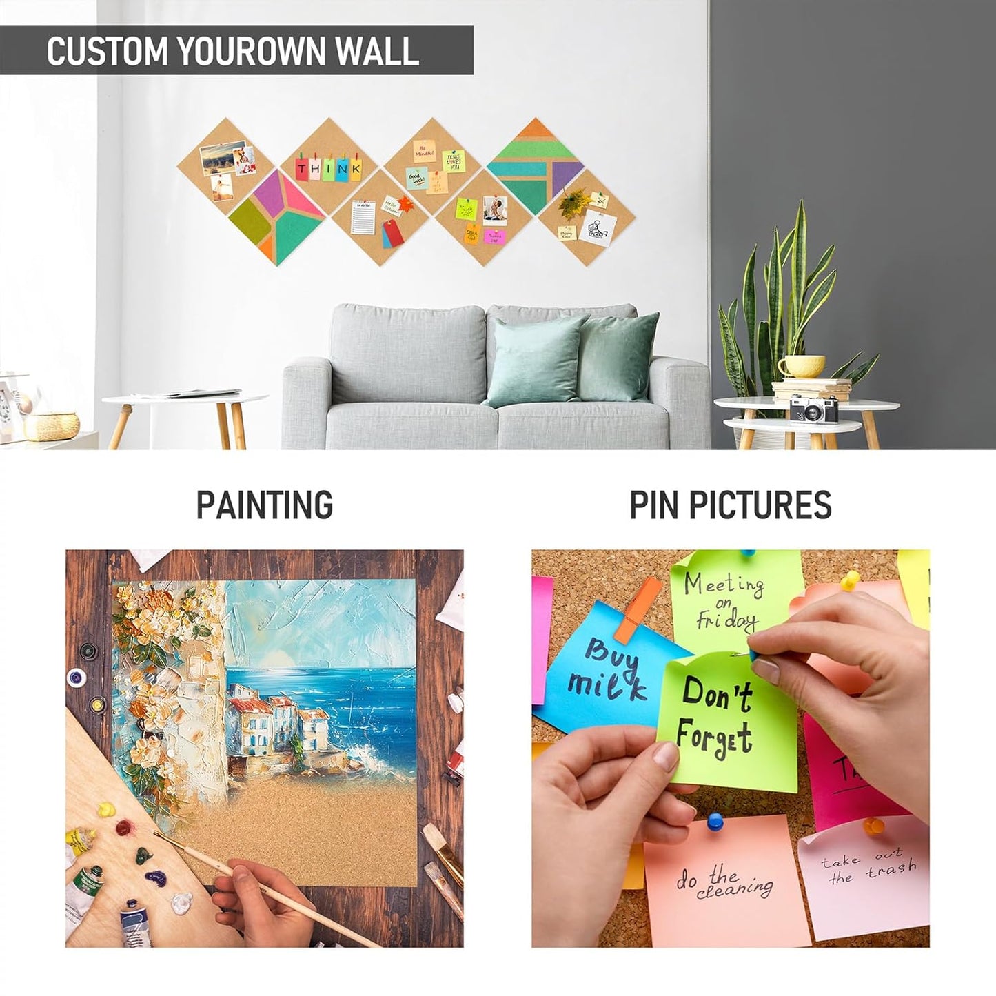 Skiennix Cork Board Tiles - 4 Pack Adhesive Corkboards for Office, School & Home Decor