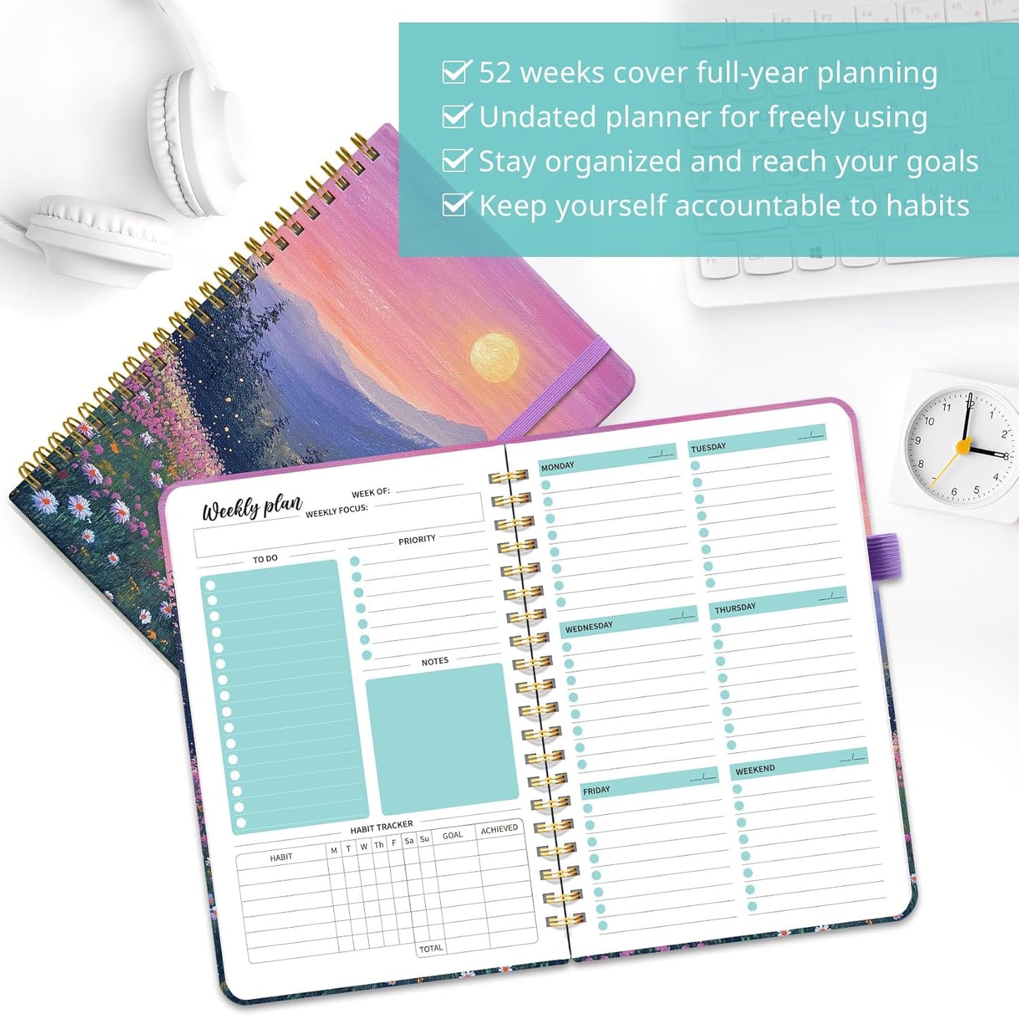 Twilight Bloom Undated Weekly Planner - Goal & Habit Tracker Organizer, A5 Size, Spiral Binding