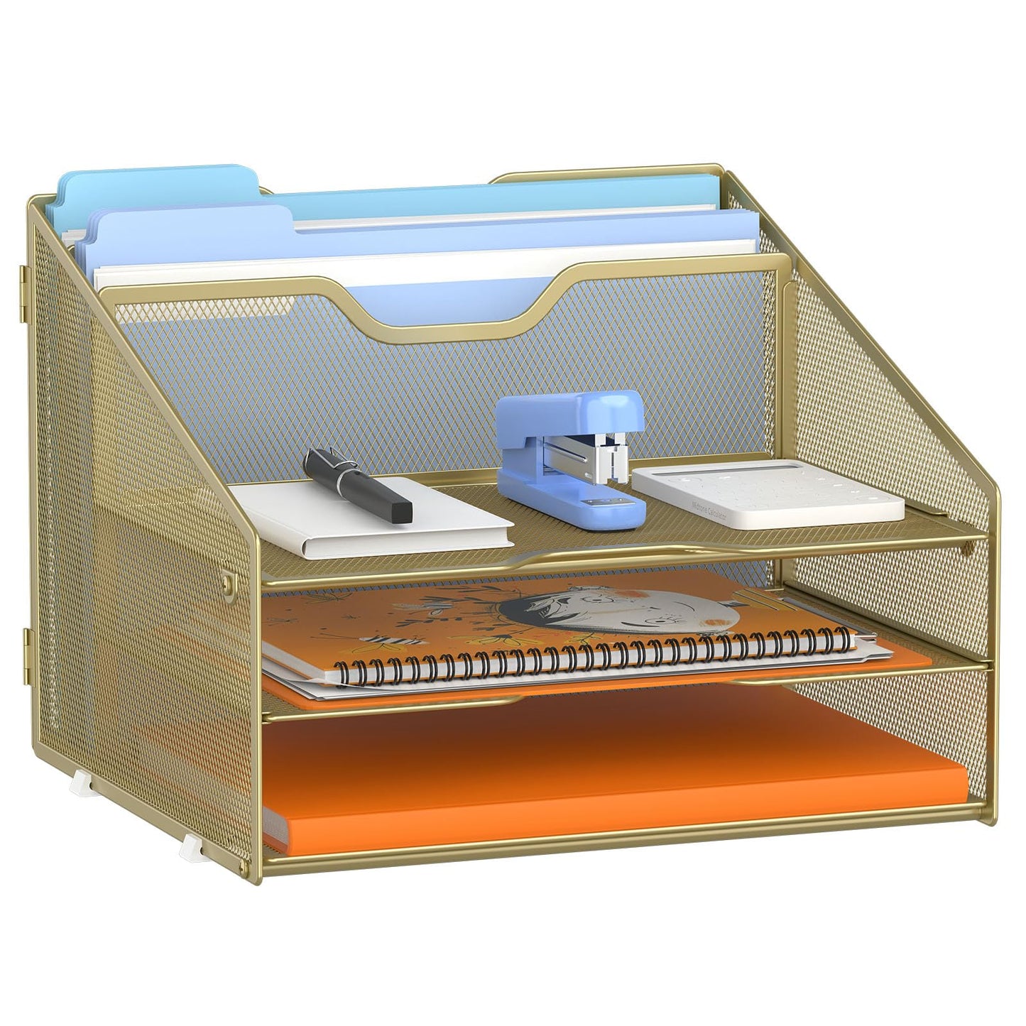 GAWERK Letter Tray Organizer, Mesh Desk File Organizer with 3 Paper Trays and 2 Vertical Upright Section (Gold)