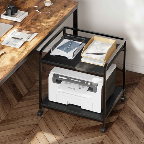 Warmiehomy Under Desk Printer Stand, 20" x 22" x 23" Large Printer Table with Adjustable Storage Shelf, 2 Tier Rolling Printer Cart with Wheels, Use for Home Office 3D/Laser Printers, Black