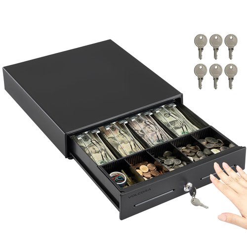 Volcora 13" Manual Push Open Cash Register Drawer for Point of Sale (POS) System, Black Heavy Duty Till with 4 Bills and 5 Coin Slots, Key Lock with Removable Coin Tray and Double Media Slots