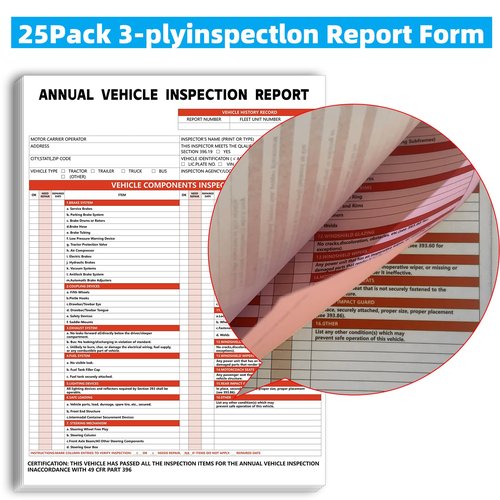 Annual Vehicle Inspection Report Form and Label, 25-Pack 3-Layer Vehicle Inspection Forms, 2-Ply Annual Adhesive Vinyl Label