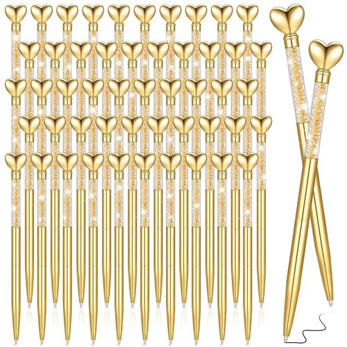 Jetec 50 Pcs Heart Shaped Ballpoint Pens Bulk Operation Christmas Items Wedding Glitter Retractable Metal Pens Black Ink Diamond Crystal Bling Bridal Shower Gifts Office Supplies(Gold)