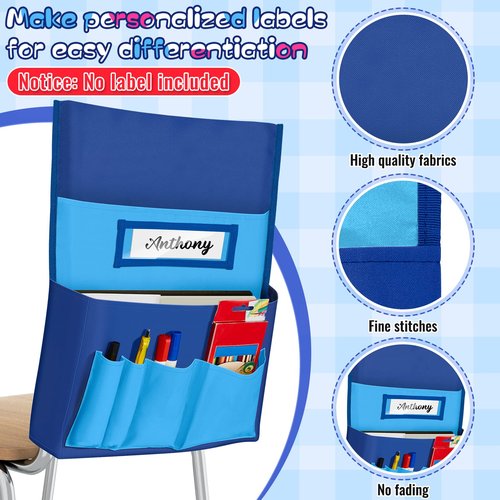 Lewtemi 2 Pcs Desk Chair Seat Back Organizer with 5 Pockets Chair Pockets for Classrooms School Seat Chair Storage Pocket Chart with Name Label Slot for Home Office, 18 x 19 Inch(Blue, Rose Red)