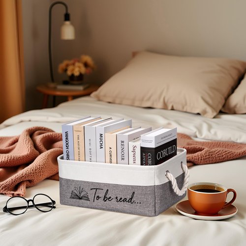 EraGleeVibe Book Storage Basket TBR Book Lover Gifts to Be Read Organizer Bin with Handles Bookworm Gift for Student Teacher Home Classroom Reading Decorative Box Bookish Accessories (Grey)