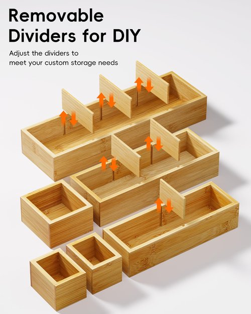 VA1KENE Desk Drawer Organizer Tray Set of 6 – Bamboo Office Storage Boxes with 12 Compartments for Office Supplies, Cosmetics, Jewelry and More