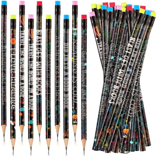 Frienda 200 Pcs Bulk Reading Rocks Wooden Incentives Pencils for Kids Fun Pencil with Eraser for Kids Assorted Style Black Reading Novelty Classroom Student Reward Gift Party Favors