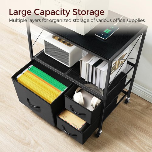MAHANCRIS File Cabinet with Charging Station, 3 Drawer Lateral Filing Cabinet for Home Office, Mobile Printer Stand with Open Shelf, Fits A4/Letter Size File, Nonwovens Drawer, Black FCHB98E01
