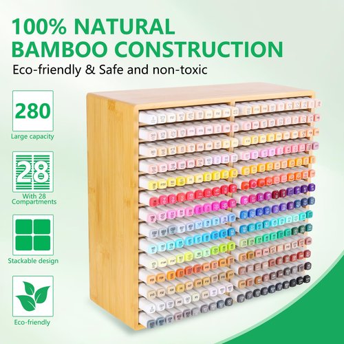 walowalo Bamboo Marker Organizer for 280 Markers Durable Pencil Holder Desk Storage Extra Large for Artists Teachers Students Office Classroom Birthday Gifts No Assembly Required 28-Compartments