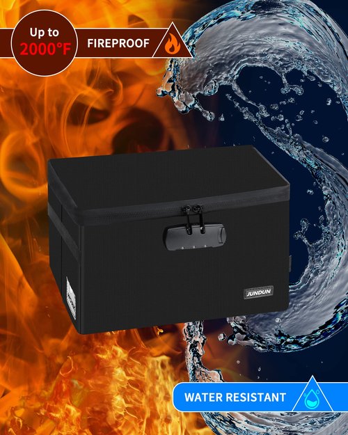 JUNDUN Index Card Holder with Lock,Collapsible Fireproof Index Card Box fits 1200 5x8-Inch Flash Cards - Business, Recipe, or Note Card Storage Boxes - Black