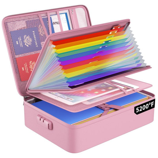 ENGPOW Fireproof File Organizer Bag with 13 Colorful Pockets Accordion File Folder,5200℉ Document Organizer Box with Lock&Labels,Multi-Layer Portable Home Safe Storage for Important Documents,Pink