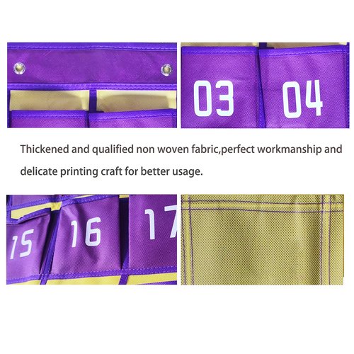 YEALGHAR 36 Numbered Classroom Pocket Charts for Cell Phone Calculator Holder, Wall Door Mount Hanging Organizer with Hooks for Teachers Purple