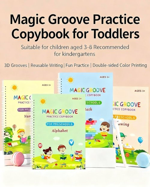Magic Grooved Writing Practice | Reusable Handwriting Workbooks for Kids 3-8 | Large 10.3" x 7.2" (4 Books + Pens)