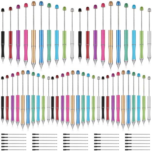 Chivao 50 Pieces Metal Beadable Pens Bulk Beaded Pens Black Ink Ballpoint with Refills Assorted Beadable Items for Focal Beads DIY Making Gifts Student Teacher Kids Office School Business Supplies