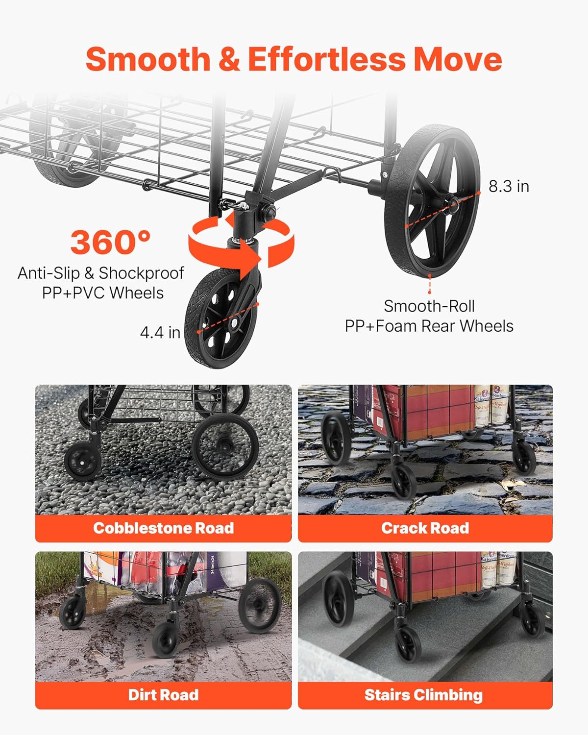 VEVOR Jumbo Grocery Cart - Heavy Duty Folding Shopping Cart with Double Baskets & 360° Swivel Wheels | 110 LBS Capacity, Black