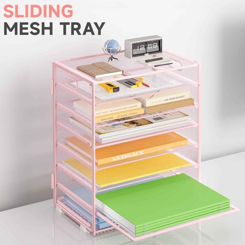 Biciyarn 8 Tier Paper Organizer with Handle, Metal Mesh Desk File Organizer, Large Capacity Desk Organizers Paper Letter Tray Desktop Document Sorter for Office, Home or School - Pink