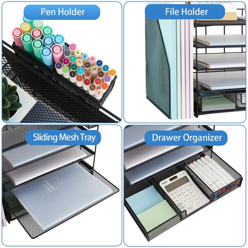 Gugsey Desk Organizer with File Holder, 5-tier Paper Letter Tray File Organizer with Drawer and Pen Holder, Mesh Desktop Office Organization and Storage for School Home Office Supplies(Black)